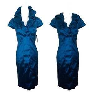 Adrianna Papell Blue Tafetta Ruffle Collar Dress
